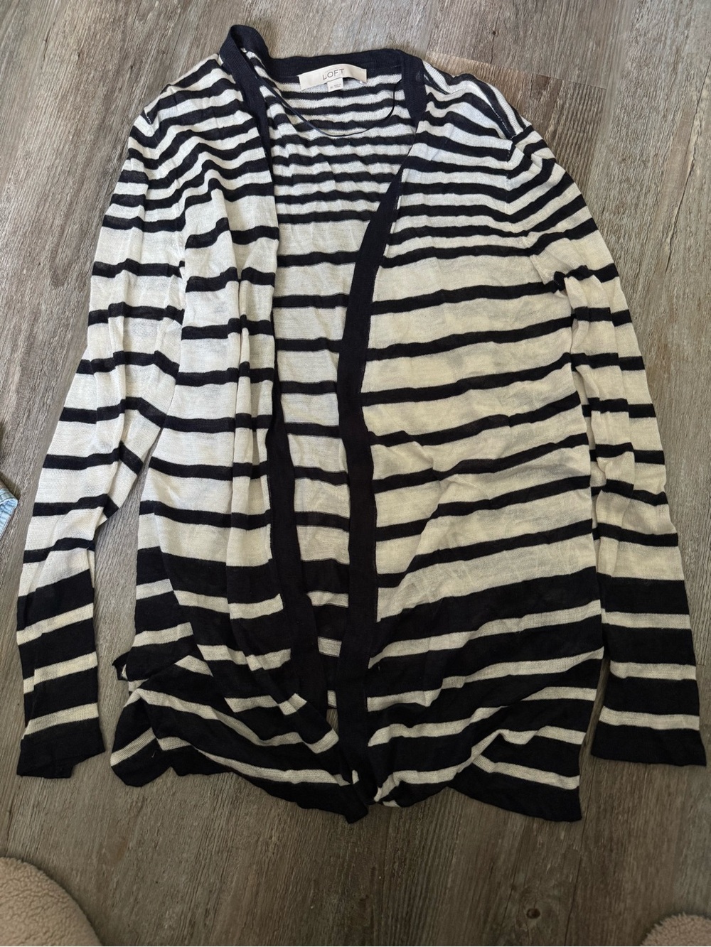 LOFT Black and White Striped Open Cardigan